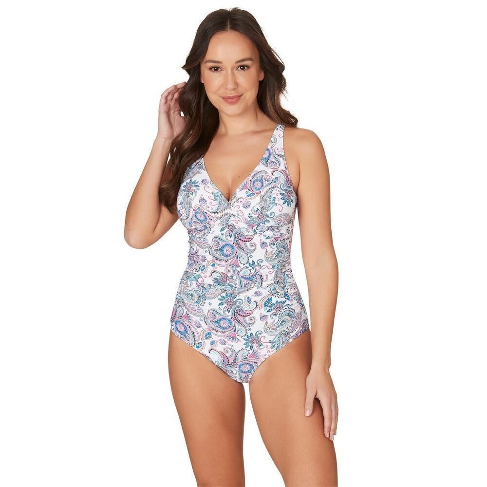 Nip Tuck Swim Paisley Print Slimming One Piece Padded Ruching Size 10 Swimwear